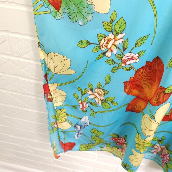 Natori Aqua Blue Lotus Flower V-neck Satin Caftan Pullover Pockets Muumuu L - Picture 8 of 9